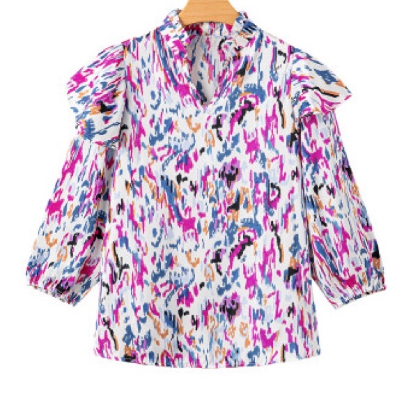 Multicolored Abstract Print 3/4 Puff Sleeve Ruffle Blouse NWT - Picture 5 of 12